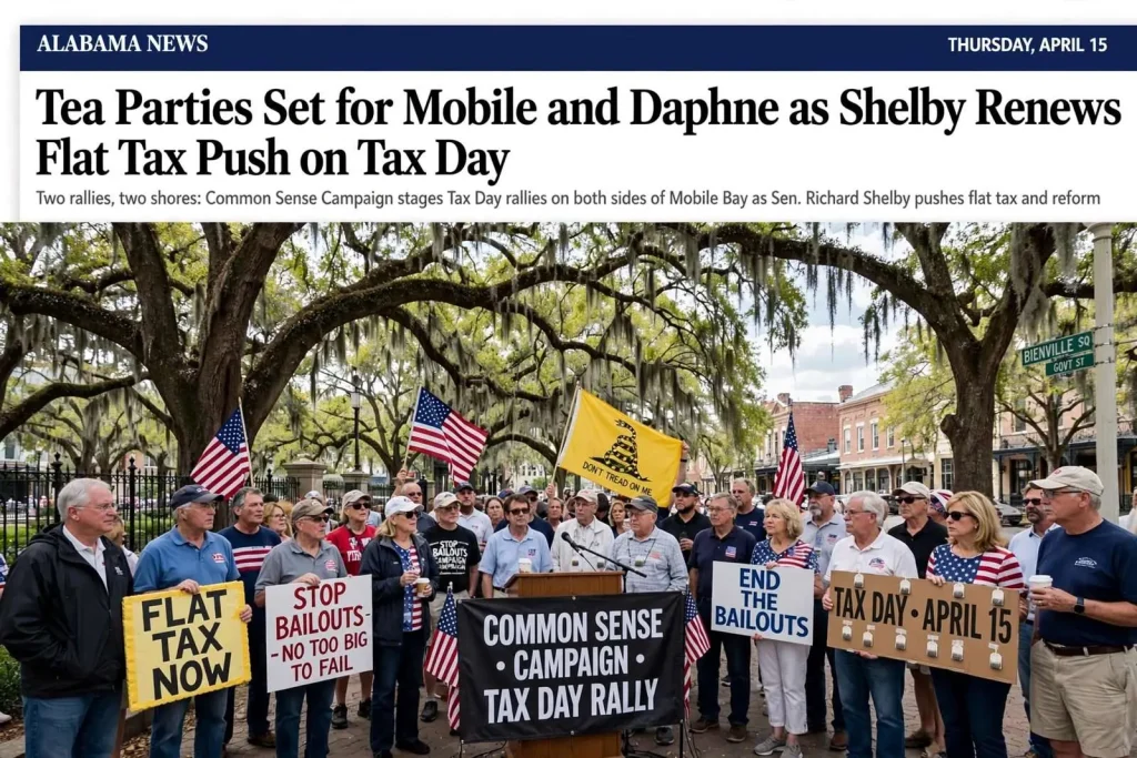 Illustration for the news story: Tea Parties Set for Mobile and Daphne as Shelby Renews Flat Tax Push on Tax Day