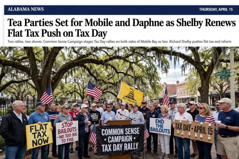 Illustration for the news story: Tea Parties Set for Mobile and Daphne as Shelby Renews Flat Tax Push on Tax Day