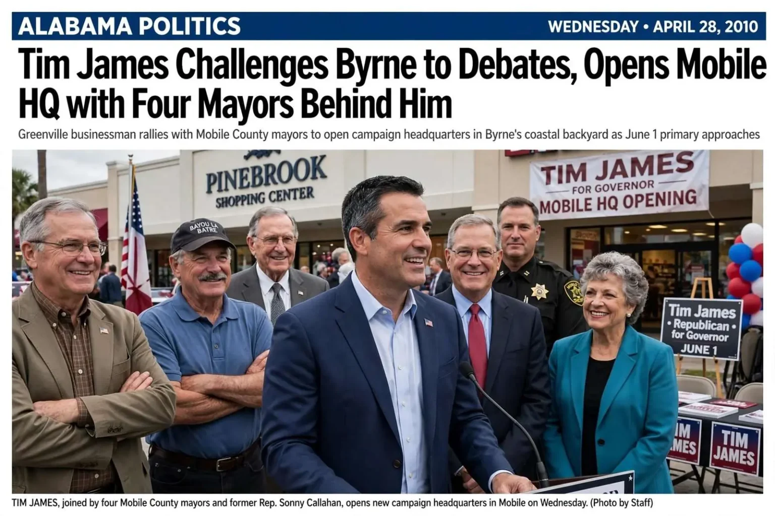 Illustration for the news story: Tim James Challenges Byrne to Debates, Opens Mobile HQ with Four Mayors Behind Him