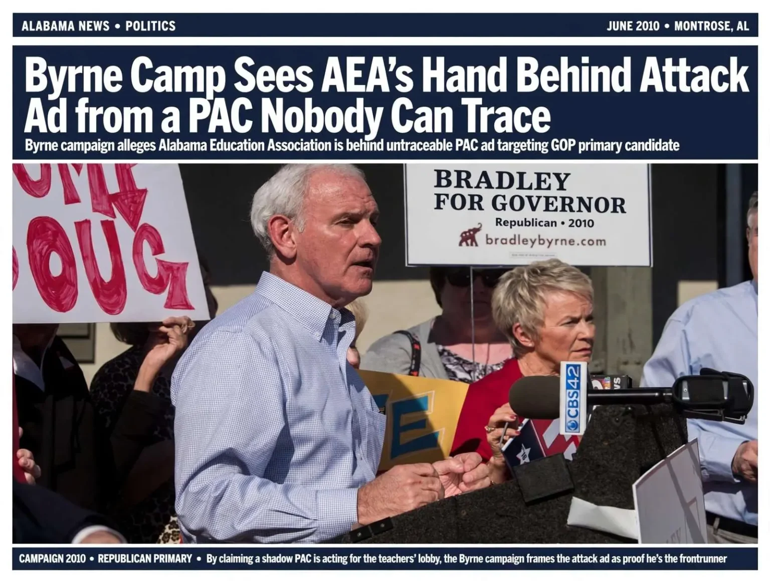 Illustration for the news story: Byrne Camp Sees AEA’s Hand Behind Attack Ad from a PAC Nobody Can Trace