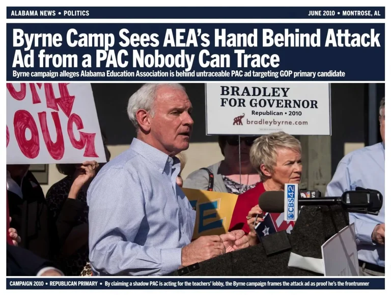 Illustration for the news story: Byrne Camp Sees AEA’s Hand Behind Attack Ad from a PAC Nobody Can Trace