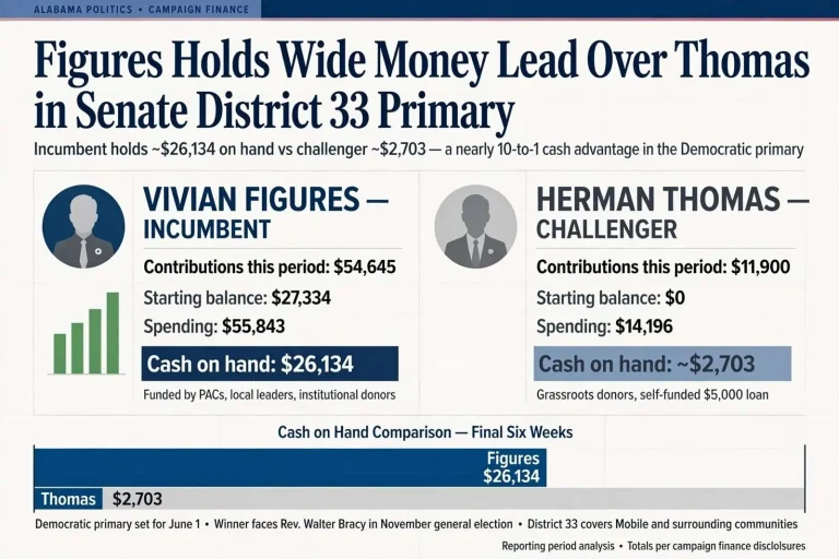 Illustration for the news story: Figures Holds Wide Money Lead Over Thomas in Senate District 33 Primary
