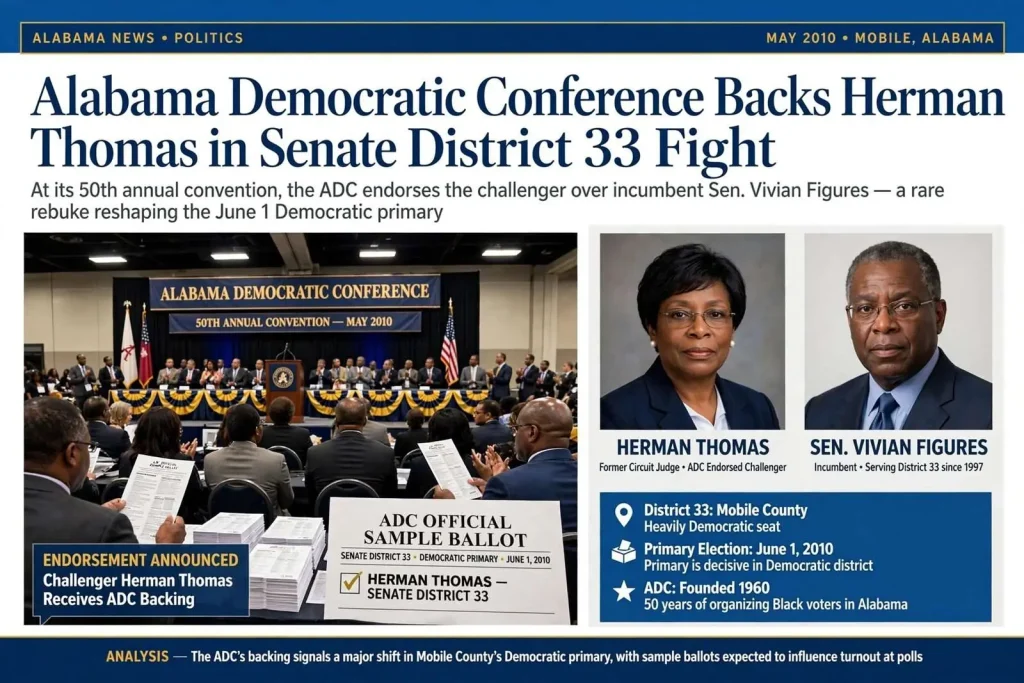 Illustration for the news story: Alabama Democratic Conference Backs Herman Thomas in Senate District 33 Fight
