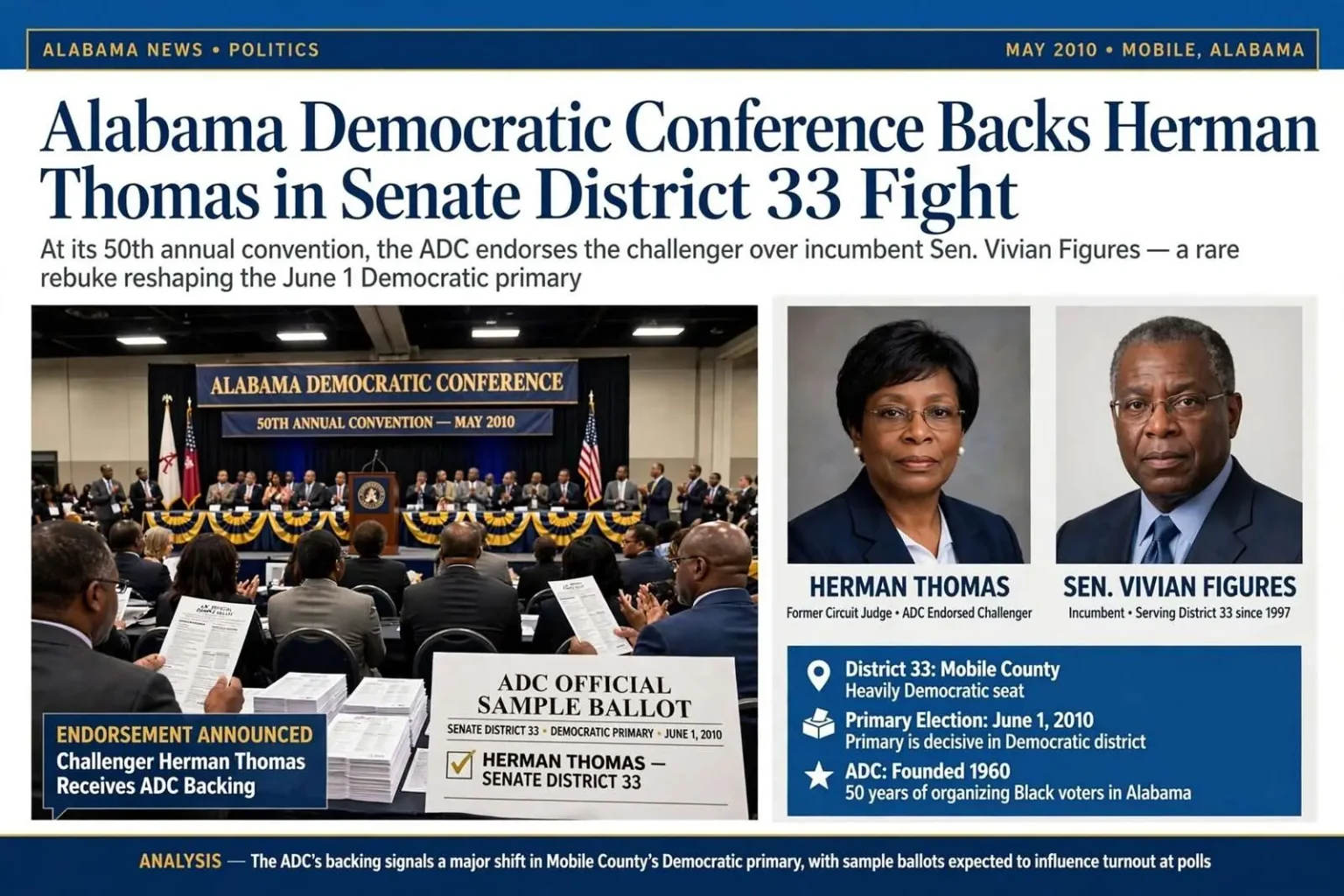 Illustration for the news story: Alabama Democratic Conference Backs Herman Thomas in Senate District 33 Fight