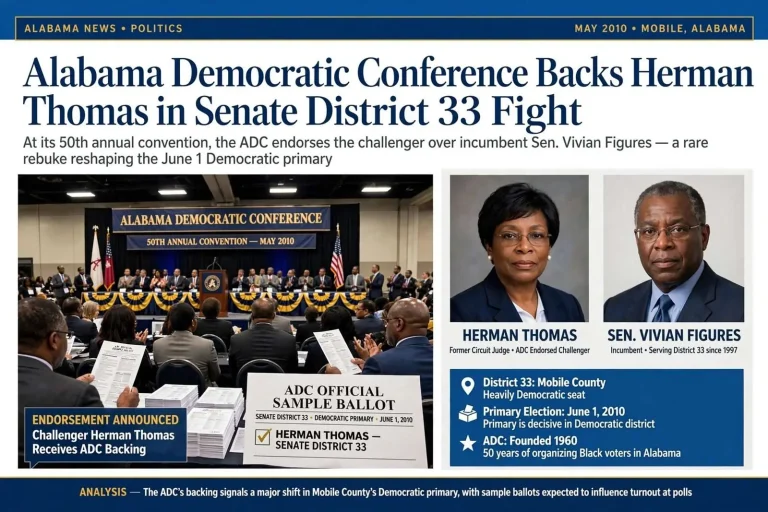 Illustration for the news story: Alabama Democratic Conference Backs Herman Thomas in Senate District 33 Fight