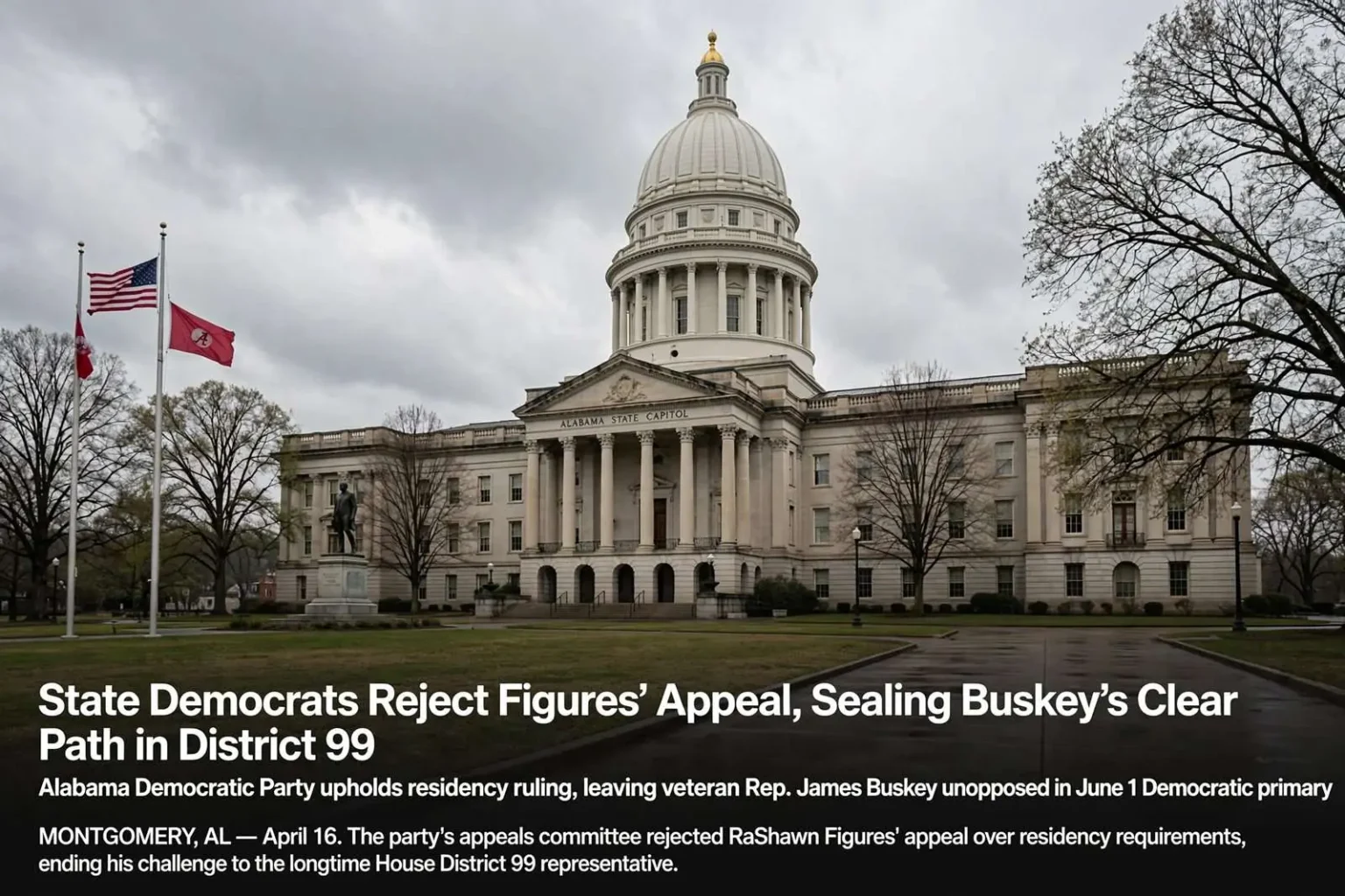 Illustration for the news story: State Democrats Reject Figures Appeal, Sealing Buskey’s Clear Path in District 99