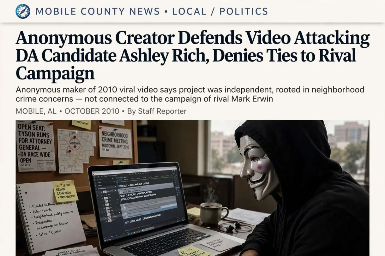 Illustration for the news story: Anonymous Creator Defends Video Attacking DA Candidate Ashley Rich, Denies Ties to Rival Campaign