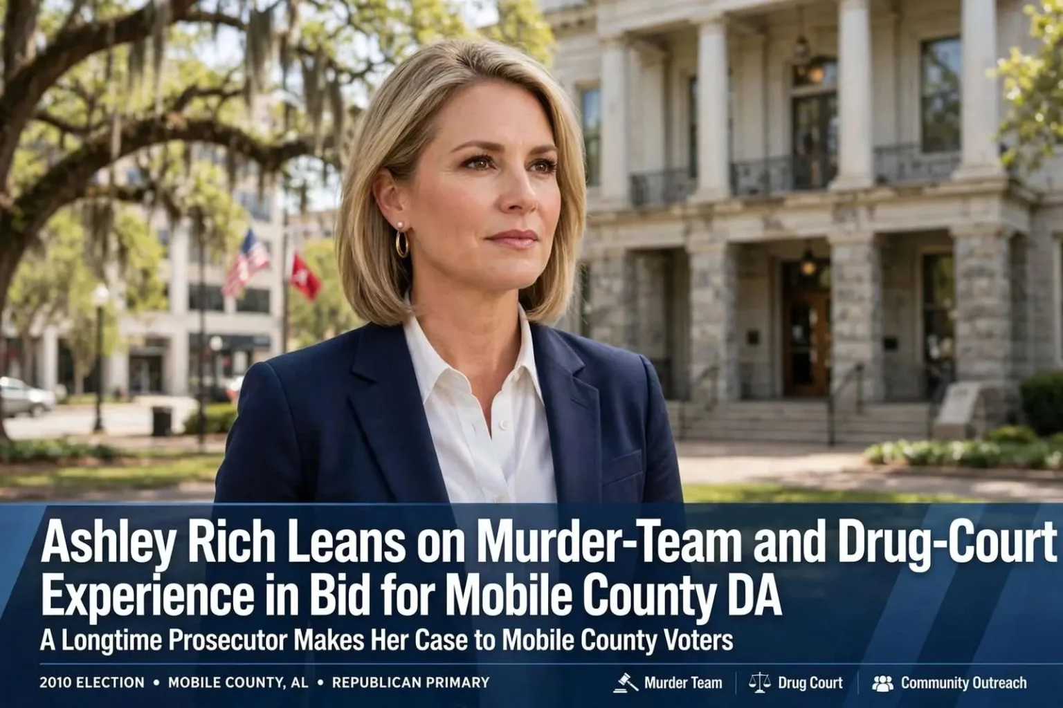 Illustration for the news story: Ashley Rich Leans on Murder-Team and Drug-Court Experience in Bid for Mobile County DA