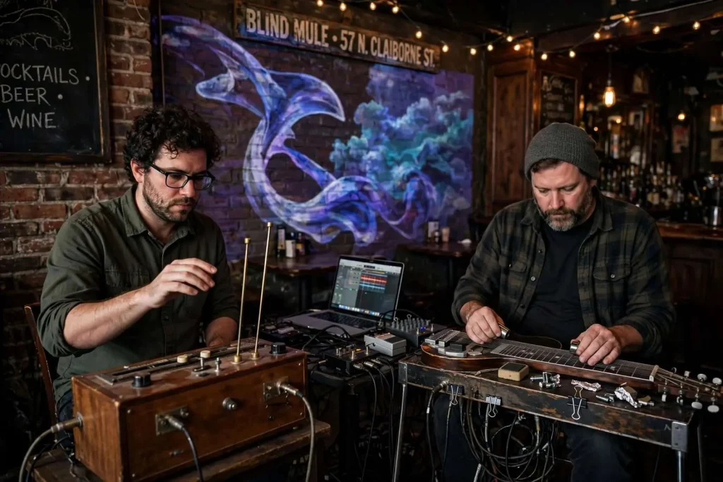 Illustration for the news story: Atlanta Duo Brings Improvised Theremin-and-Lap-Steel Sound to Downtown Mobile’s Blind Mule