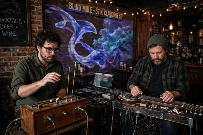 Illustration for the news story: Atlanta Duo Brings Improvised Theremin-and-Lap-Steel Sound to Downtown Mobile’s Blind Mule
