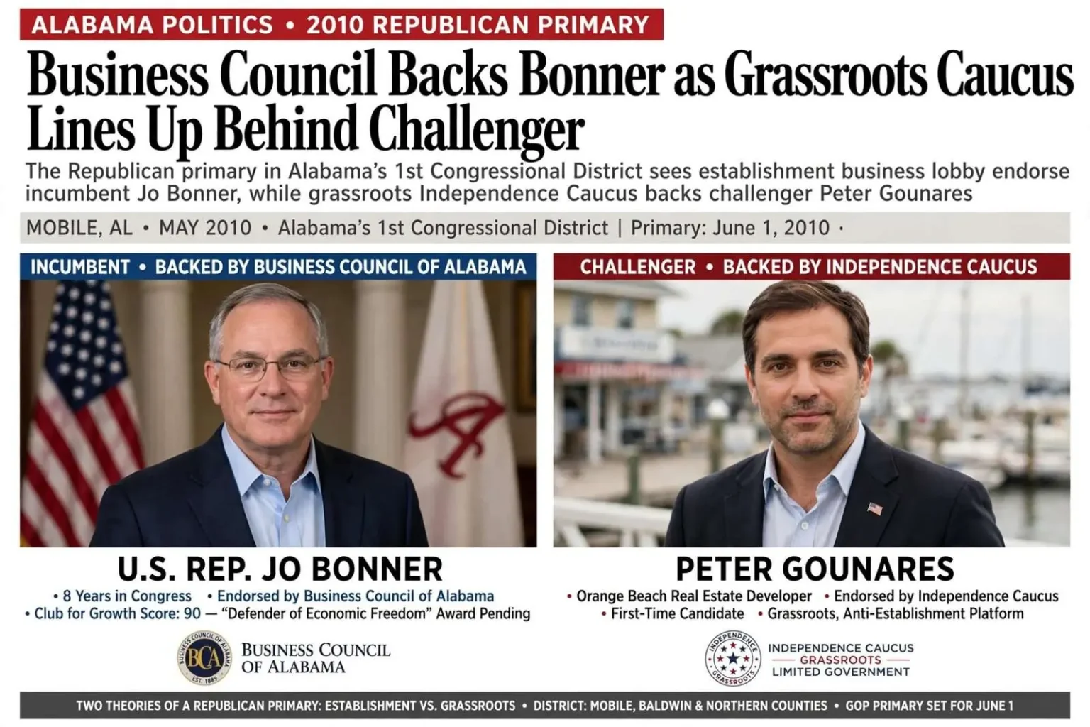 Illustration for the news story: Business Council Backs Bonner as Grassroots Caucus Lines Up Behind Challenger