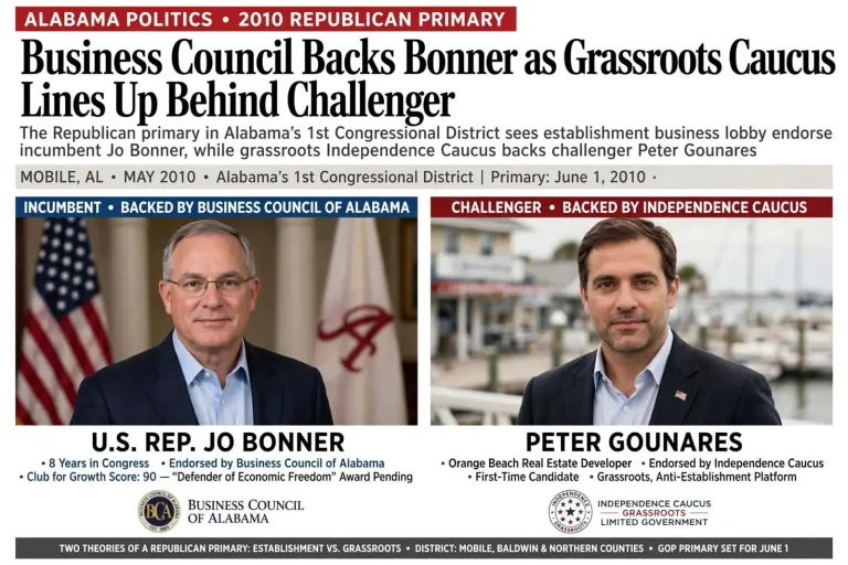 Illustration for the news story: Business Council Backs Bonner as Grassroots Caucus Lines Up Behind Challenger