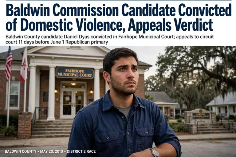 Illustration for the news story: Baldwin Commission Candidate Convicted of Domestic Violence, Appeals Verdict