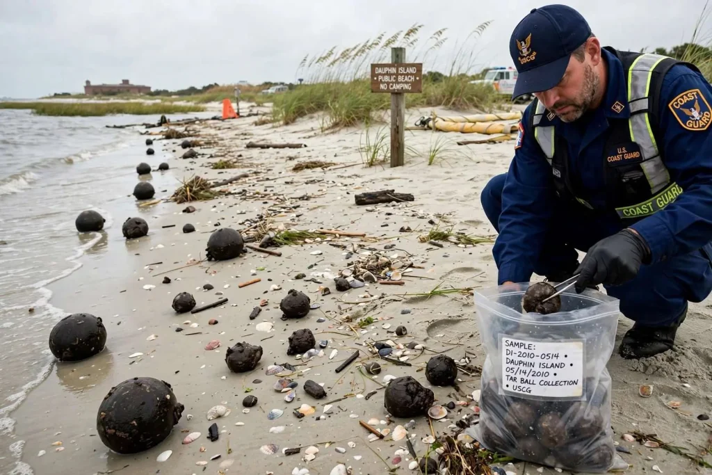Illustration for the news story: Tar Balls Reached Dauphin Island in May 2010