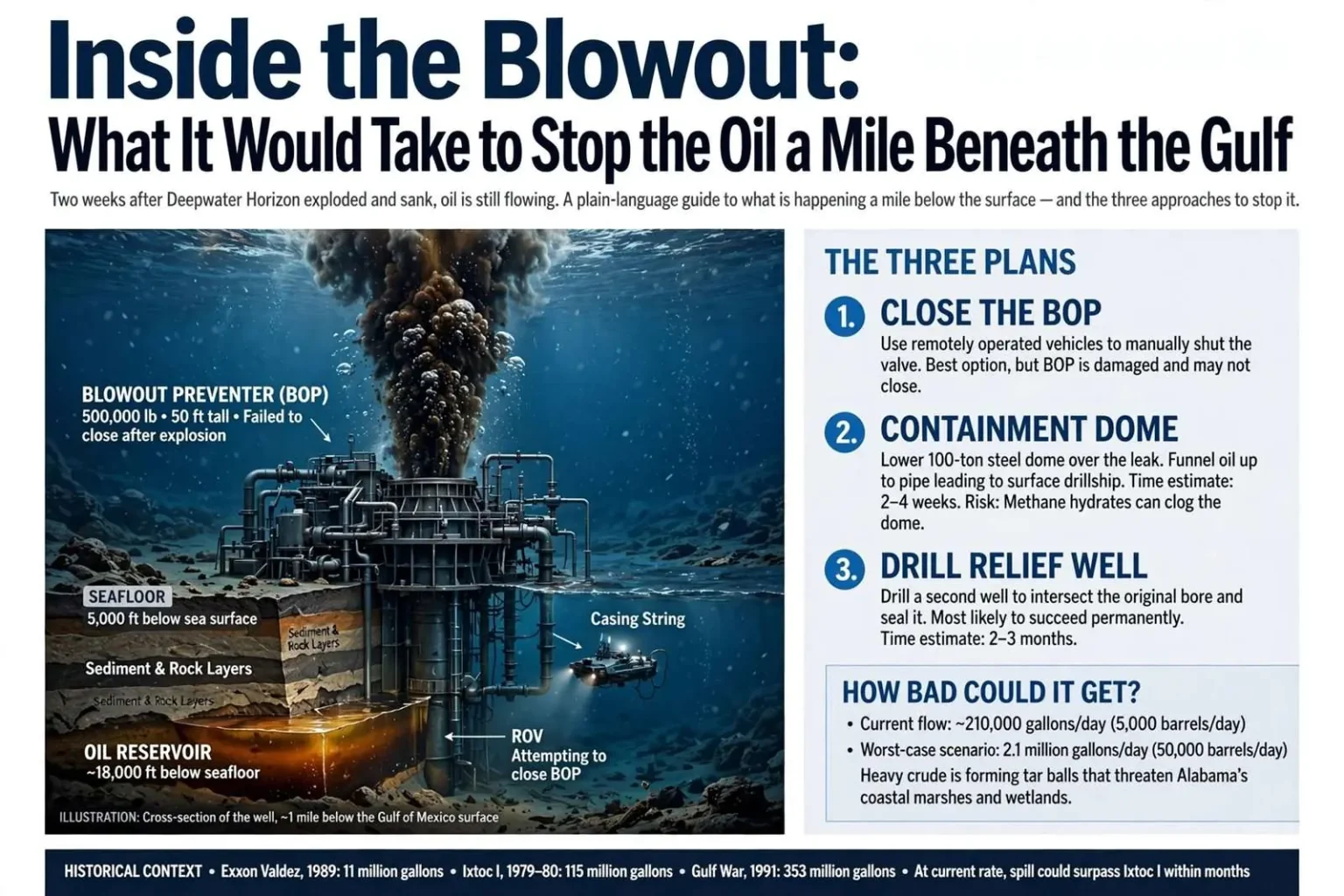 Illustration for the news story: Inside the Blowout: What It Would Take to Stop the Oil a Mile Beneath the Gulf