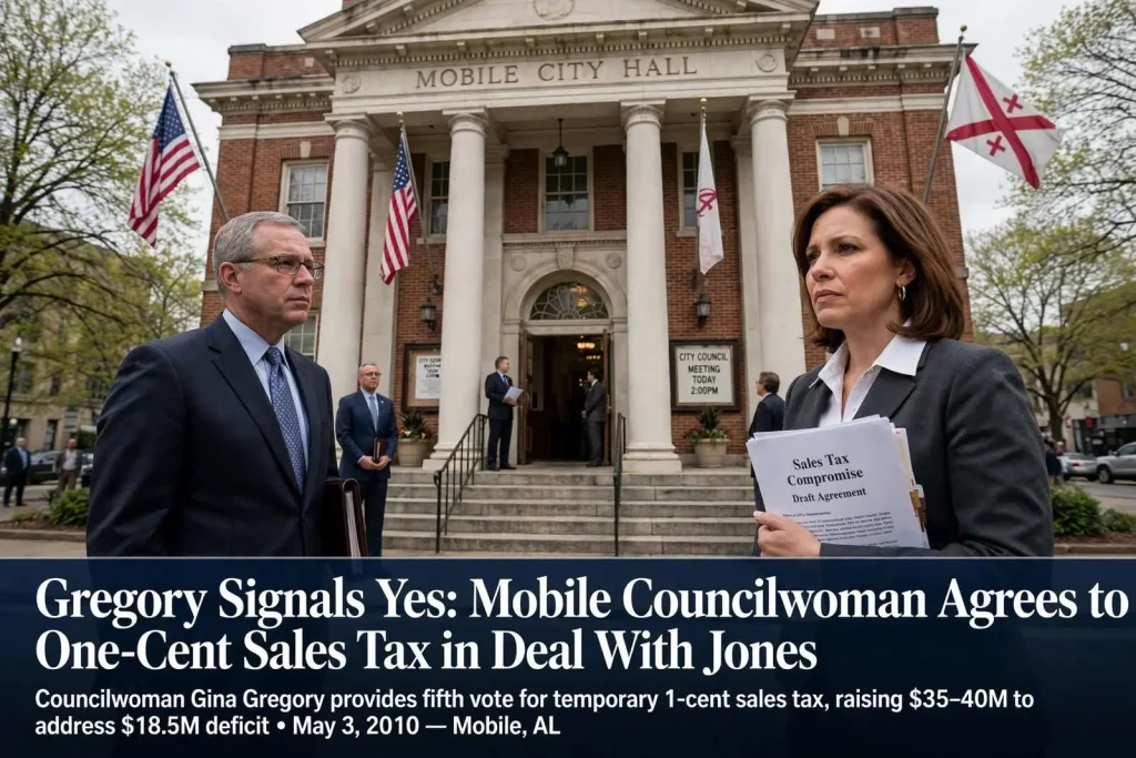 Illustration for the news story: Gregory Signals Yes: Mobile Councilwoman Agrees to One-Cent Sales Tax in Deal With Jones