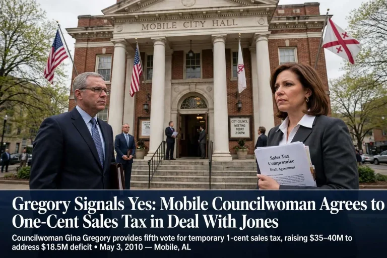 Illustration for the news story: Gregory Signals Yes: Mobile Councilwoman Agrees to One-Cent Sales Tax in Deal With Jones