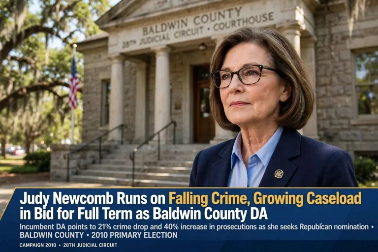 Illustration for the news story: Judy Newcomb Runs on Falling Crime, Growing Caseload in Bid for Full Term as Baldwin County DA