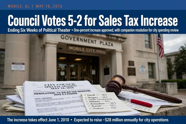Illustration for the news story: Council Votes 5-2 for Sales Tax Increase, Ending Six Weeks of Political Theater