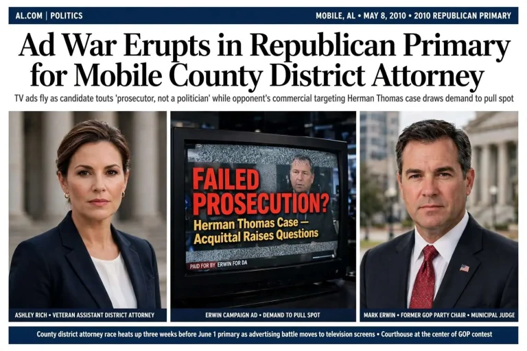 Illustration for the news story: Ad War Erupts in Republican Primary for Mobile County District Attorney