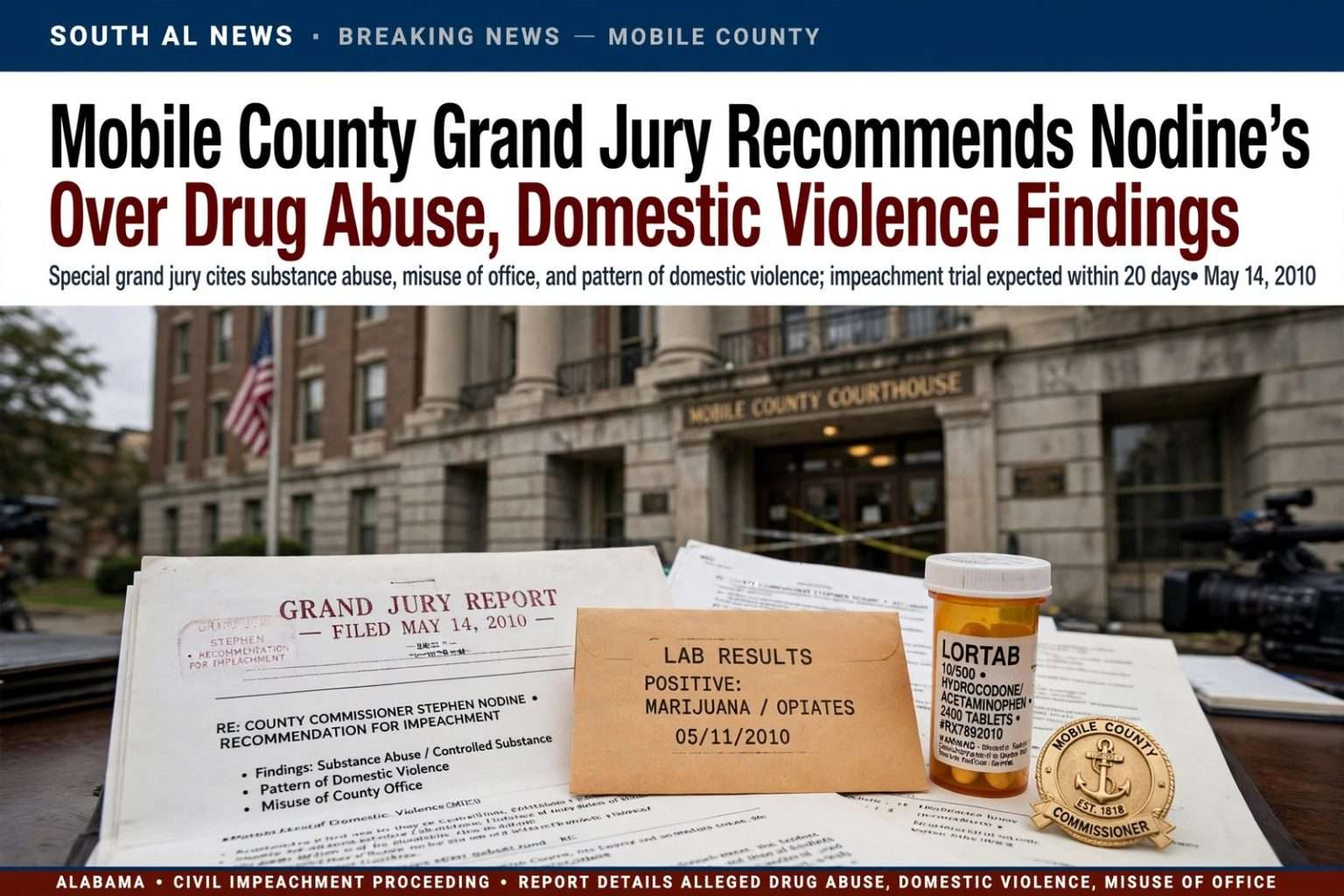 Illustration for the news story: Mobile County Grand Jury Recommends Nodine’s Impeachment Over Drug Abuse, Domestic Violence Findings