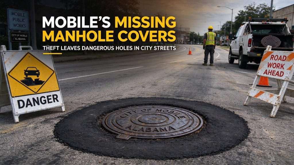 Illustration for the news story: Thieves Are Stealing Mobile’s Manhole Covers, and the Charge Is Only a Misdemeanor