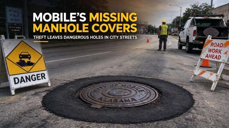 Illustration for the news story: Thieves Are Stealing Mobile’s Manhole Covers, and the Charge Is Only a Misdemeanor