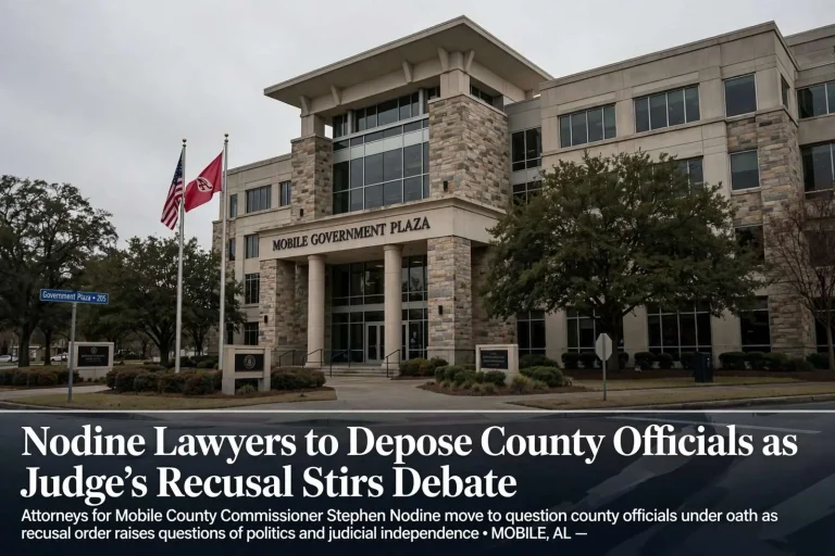 Illustration for the news story: Nodine Lawyers to Depose County Officials as Judge’s Recusal Stirs Debate