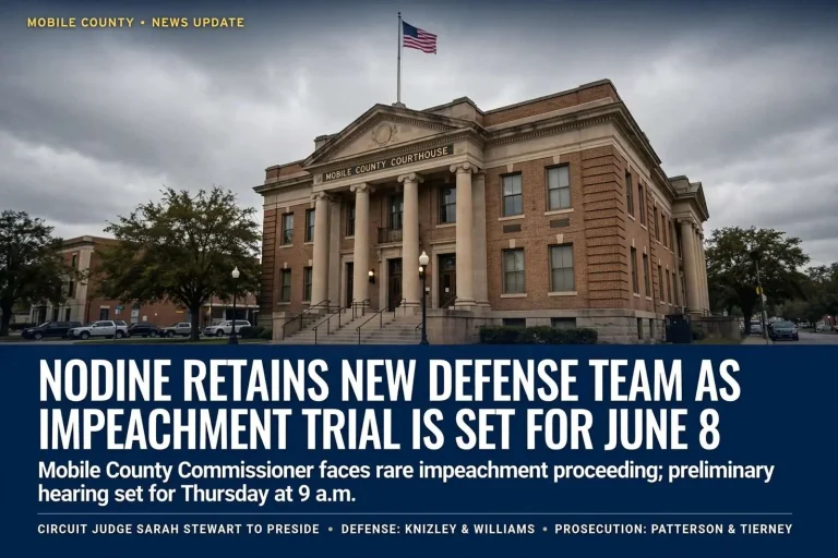 Illustration for the news story: Nodine Retains New Defense Team as Impeachment Trial Is Set for June 8