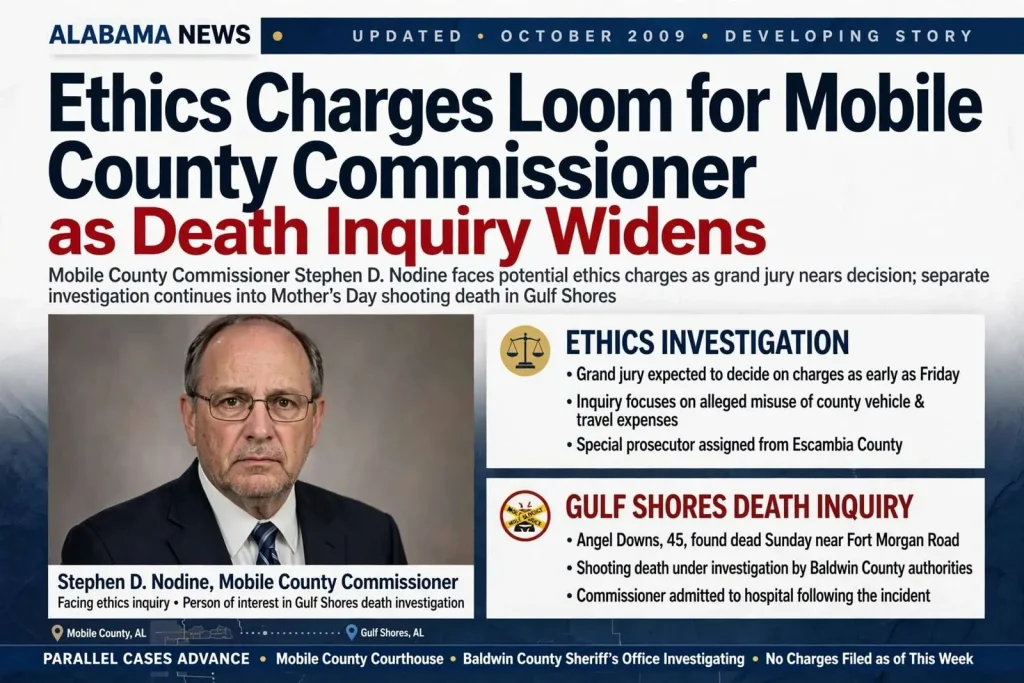 Illustration for the news story: Ethics Charges Loom for Mobile County Commissioner as Death Inquiry Widens