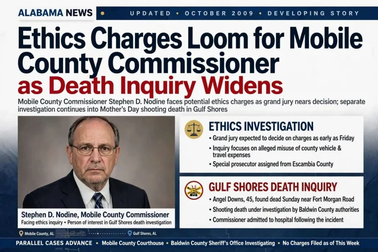 Illustration for the news story: Ethics Charges Loom for Mobile County Commissioner as Death Inquiry Widens