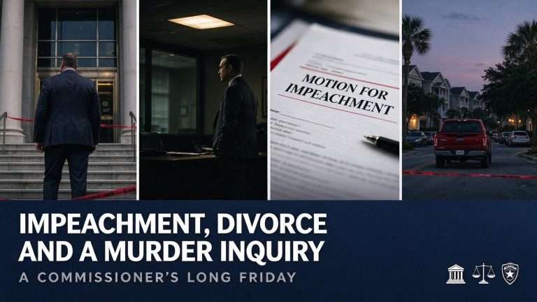 Illustration for the news story: Impeachment, Divorce and a Murder Inquiry: A Commissioner’s Long Friday