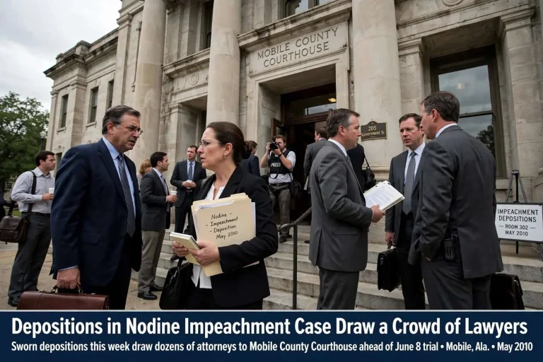 Illustration for the news story: Depositions in Nodine Impeachment Case Draw a Crowd of Lawyers