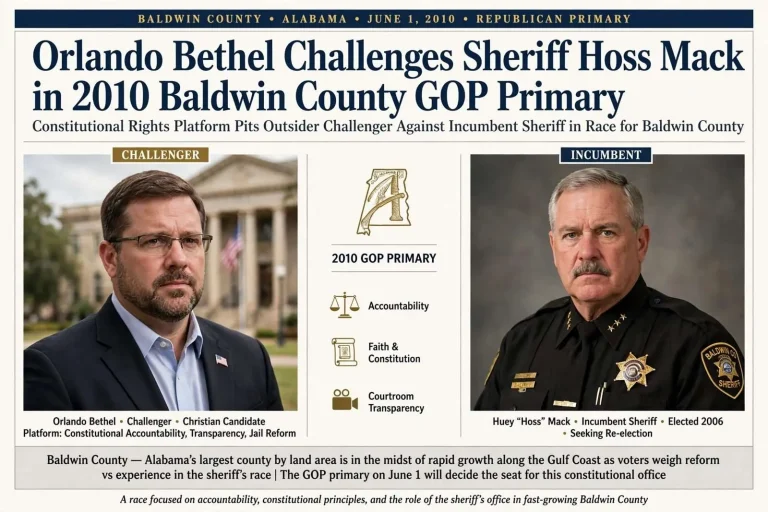 Illustration for the news story: Orlando Bethel Challenges Sheriff Hoss Mack in 2010 Baldwin County GOP Primary on Constitutional Rights Platform
