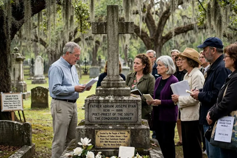 Illustration for the news story: Poetry Pilgrims Gather at Father Ryan’s Grave in Mobile for National ‘Dead Poets’ Tour