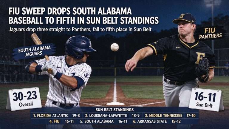 Illustration for the news story: FIU Sweep Drops South Alabama Baseball to Fifth in Sun Belt Standings