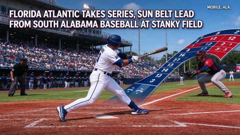 Illustration for the news story: Florida Atlantic Takes Series, Sun Belt Lead From South Alabama Baseball at Stanky Field