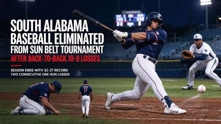Illustration for the news story: South Alabama Baseball Eliminated From Sun Belt Tournament After Back-to-Back 10-9 Losses