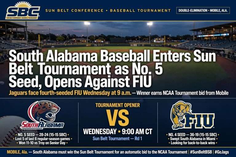 Illustration for the news story: South Alabama Baseball Enters Sun Belt Tournament as No. 5 Seed, Opens Against FIU