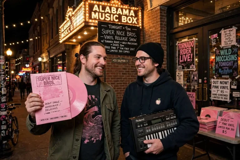 Illustration for the news story: Super Nice Bros. Press Debut Single to Pink Vinyl, Celebrate With Dauphin Street Release Show