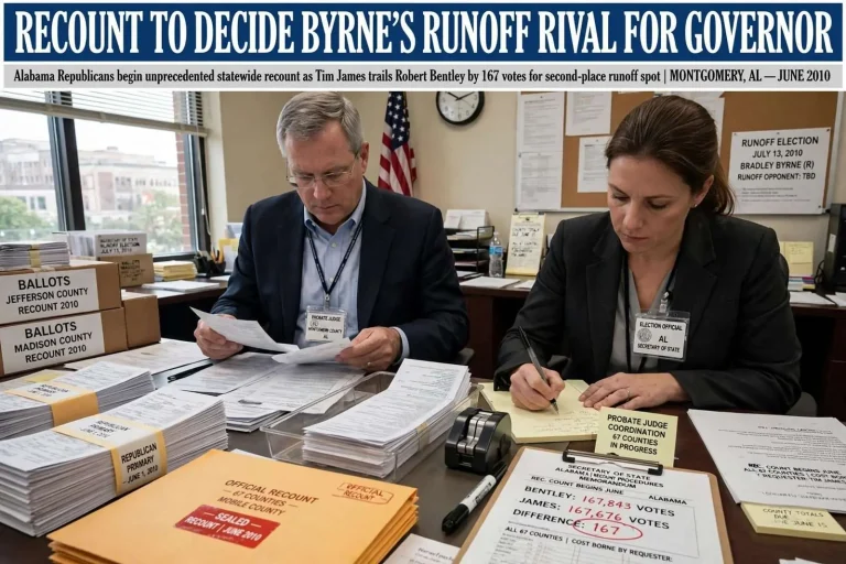 Illustration for the news story: Recount to Decide Byrne’s Runoff Rival for Governor