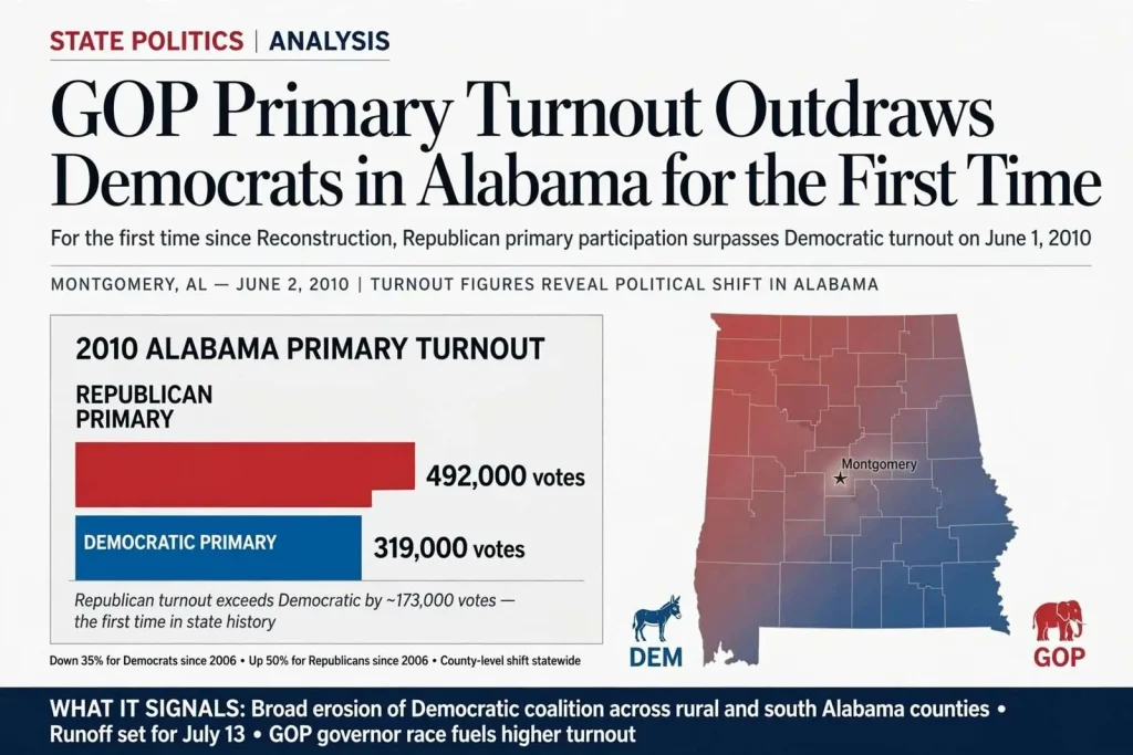 Illustration for the news story: GOP Primary Turnout Outdraws Democrats in Alabama for the First Time