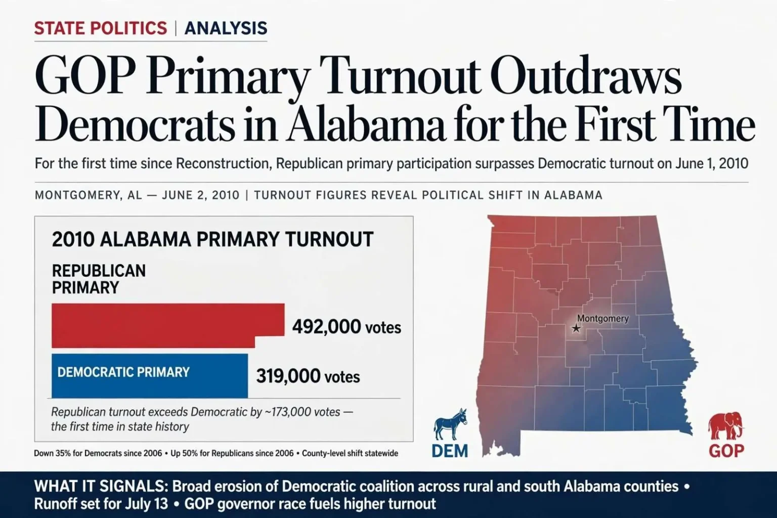 Illustration for the news story: GOP Primary Turnout Outdraws Democrats in Alabama for the First Time