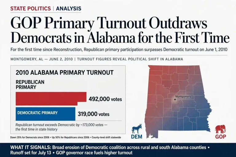 Illustration for the news story: GOP Primary Turnout Outdraws Democrats in Alabama for the First Time