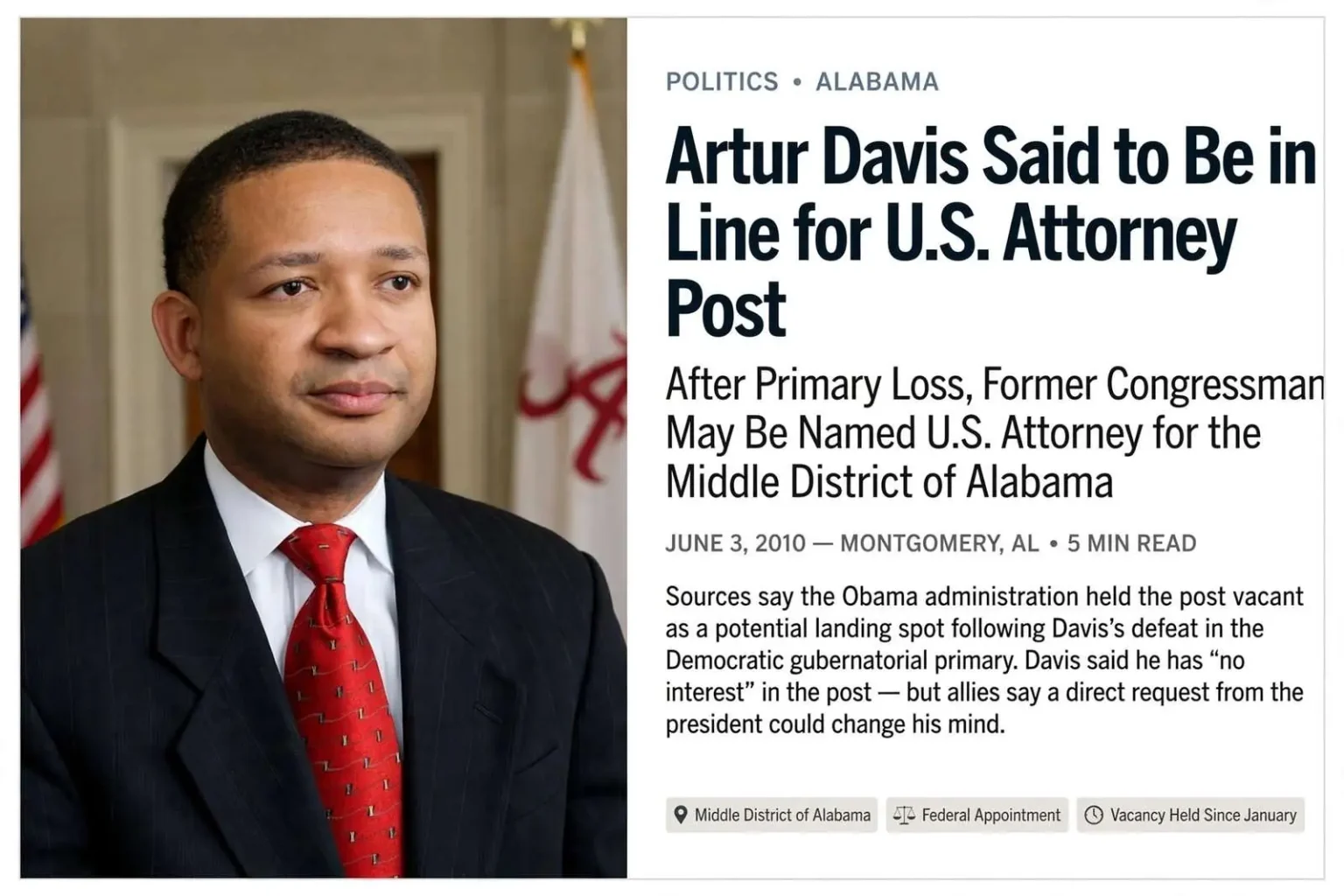 Illustration for the news story: Artur Davis Said to Be in Line for U.S. Attorney Post After Primary Loss