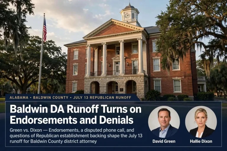 Illustration for the news story: Baldwin DA Runoff Turns on Endorsements and Denials