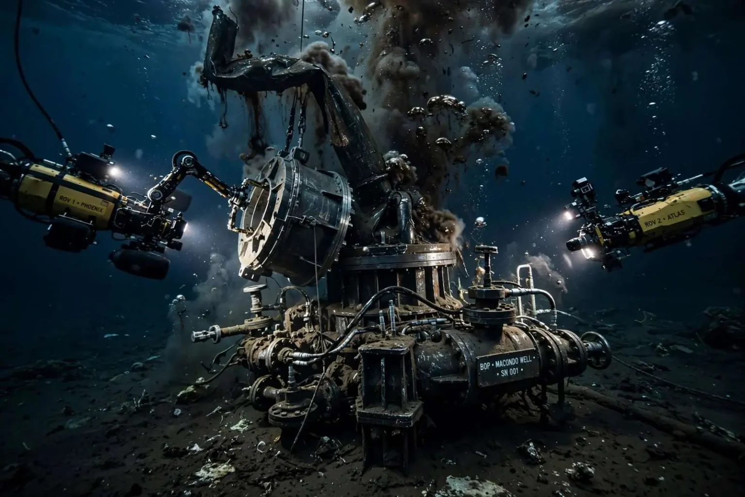 Illustration for the news story: BP Engineers Race to Fit a Cap Over the Blown-Out Gulf Well
