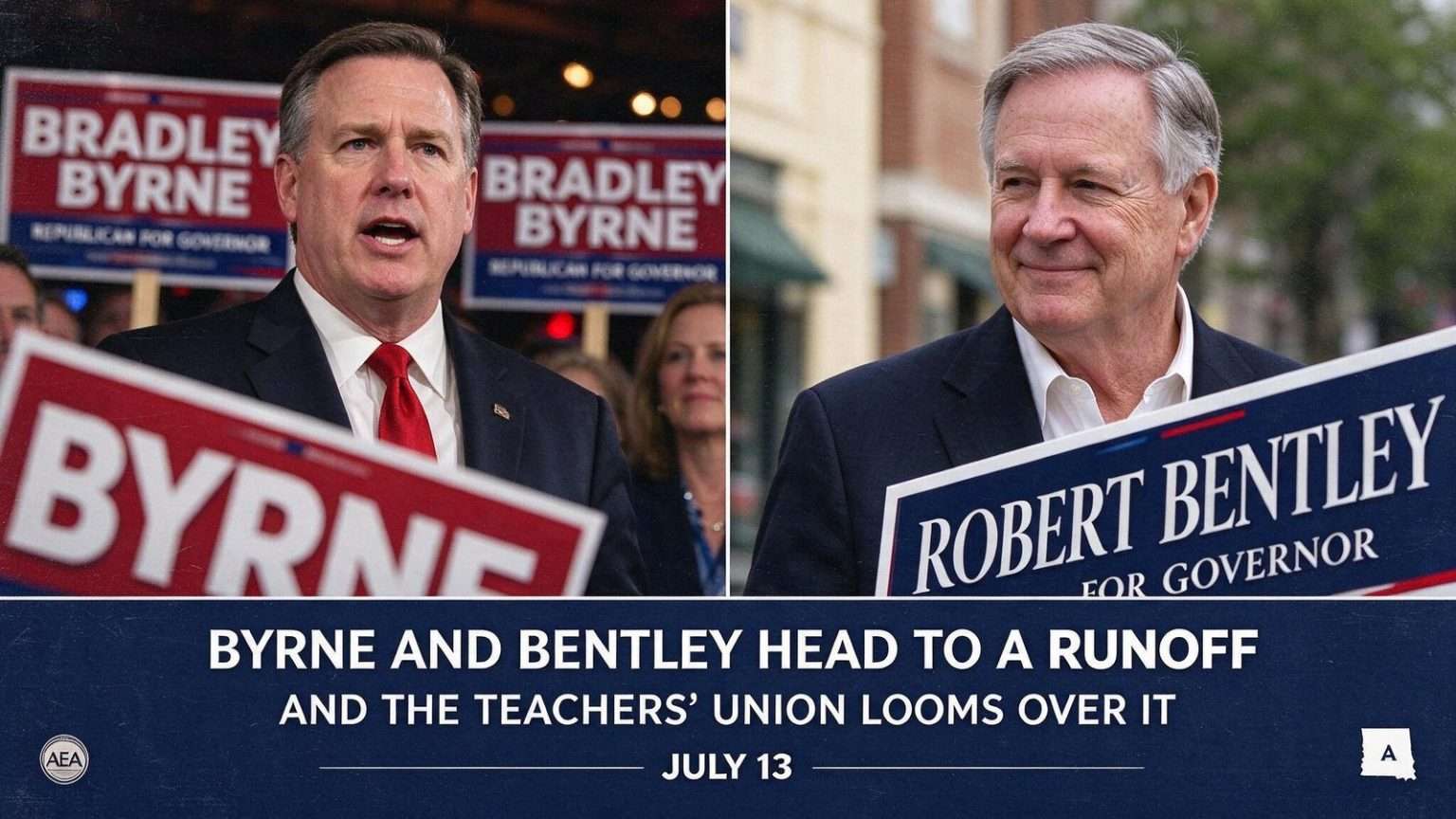 Illustration for the news story: Byrne and Bentley Head to a Runoff, and the Teachers’ Union Looms Over It