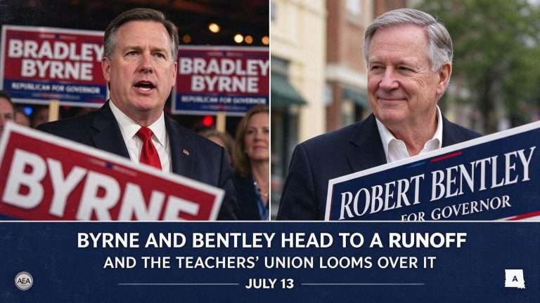 Illustration for the news story: Byrne and Bentley Head to a Runoff, and the Teachers’ Union Looms Over It
