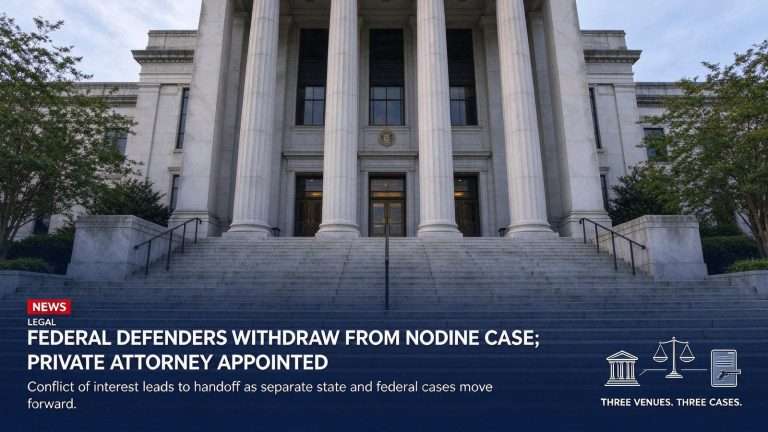 Illustration for the news story: Federal Defenders Withdraw From Nodine Case; Private Attorney Appointed